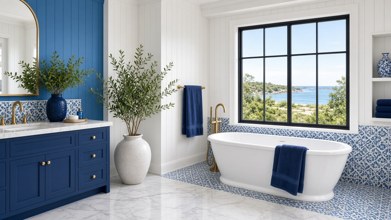 White Hamptons bathroom with navy towels and greenery.