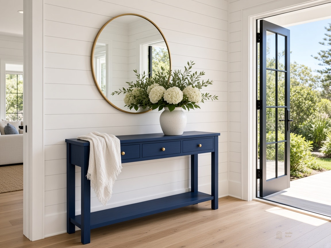 Hamptons entry with a navy console, round mirror and hydrangeas.