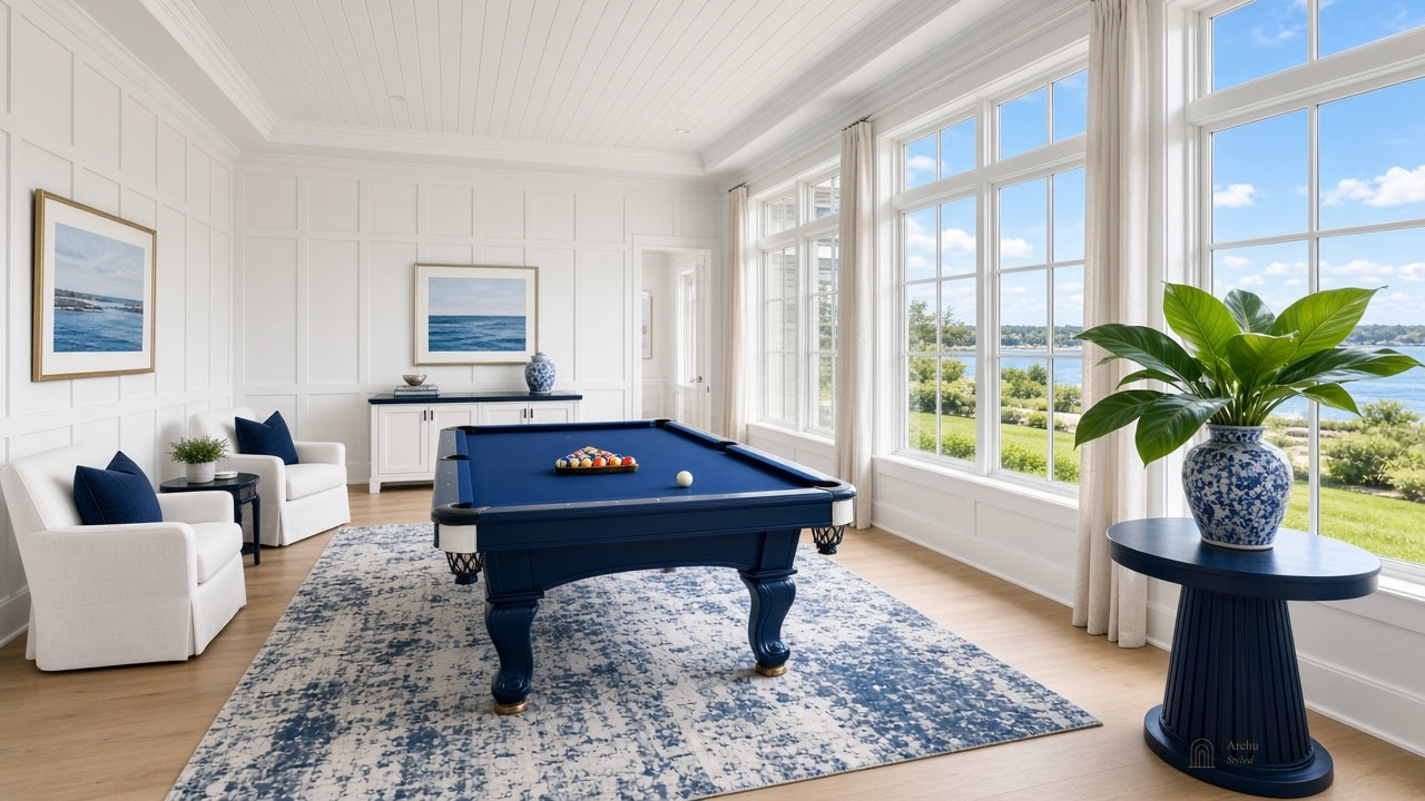 Games room with a navy pool table and garden doors.
