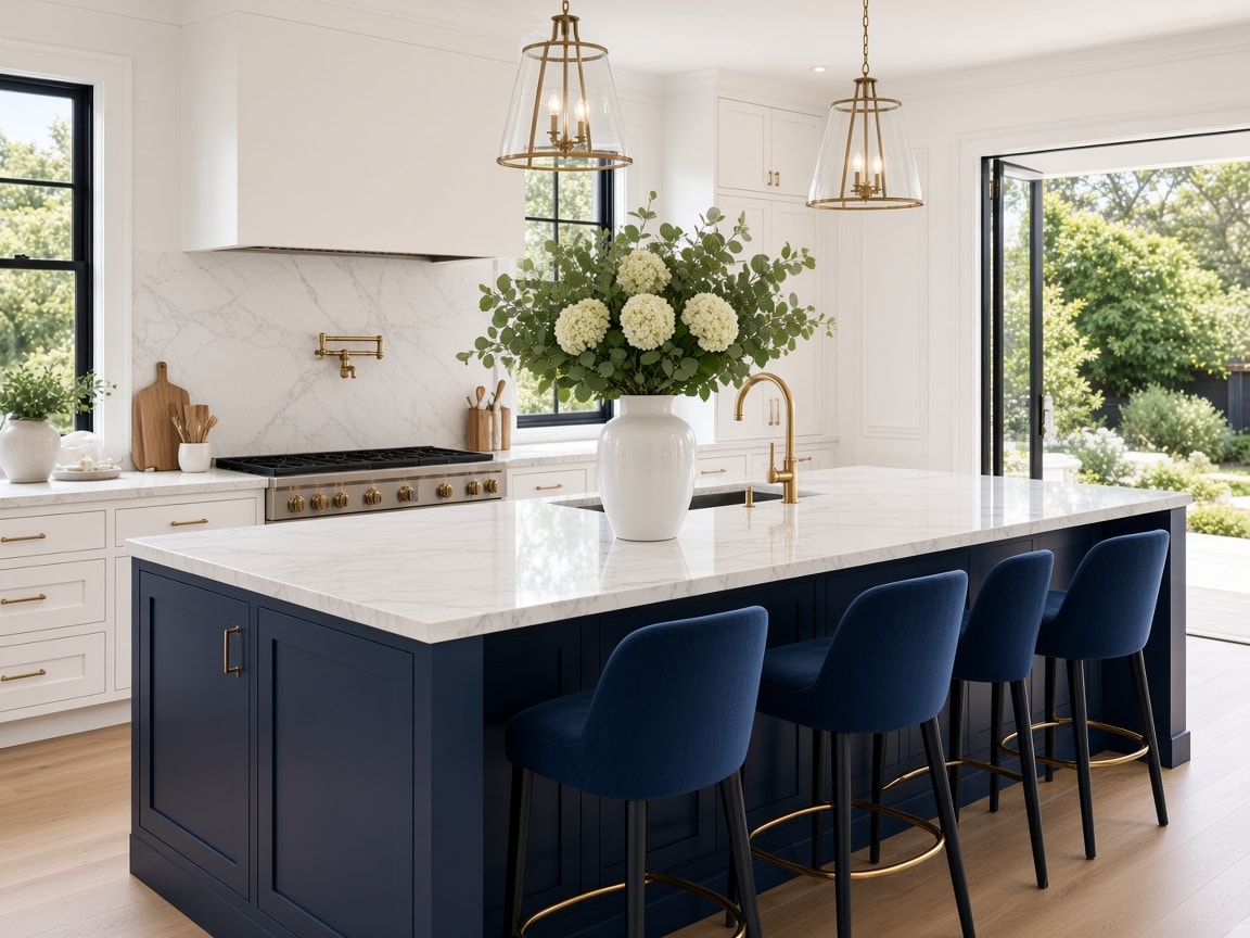 Hamptons kitchen with a navy island, brass lights and white hydrangeas.