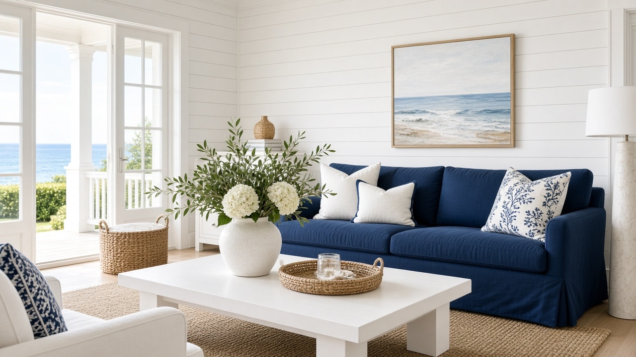 Navy Hamptons lounge with olive branches and hydrangeas.